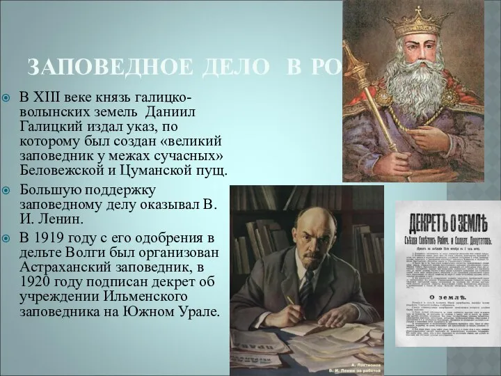 ЗАПОВЕДНОЕ ДЕЛО В РОССИИ В XIII веке князь галицко-волынских земель Даниил