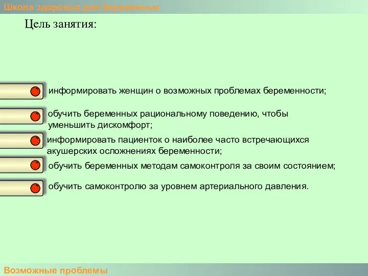 Школа здоровья для беременных Возможные проблемы Цель занятия: информировать женщин о