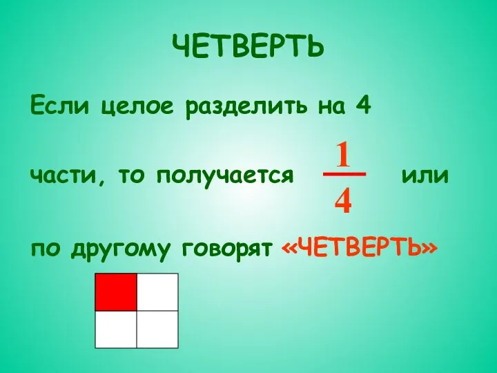 ЧЕТВЕРТЬ Если целое разделить на 4 части, то получается или по другому говорят «ЧЕТВЕРТЬ»