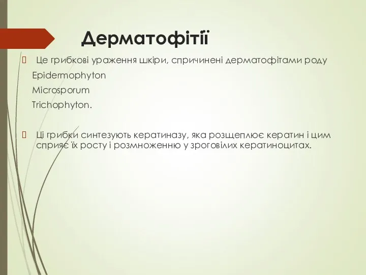 Дерматофітії Це грибкові ураження шкіри, спричинені дерматофітами роду Epidermophyton Microsporum Trichoрhyton.