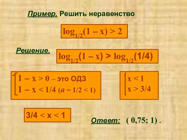 Пример. Решить неравенство log1/2(1 – x) > 2 Решение. log1/2(1 –
