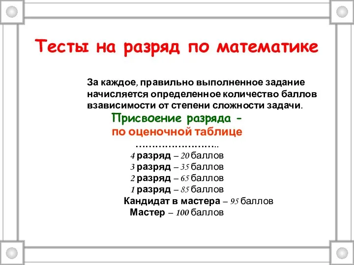 Тесты на разряд по математике За каждое, правильно выполненное задание начисляется