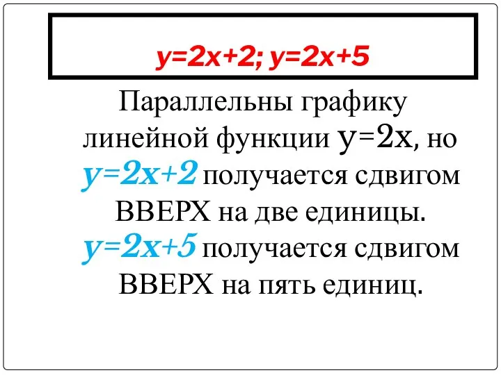 y=2x+2; y=2x+5 Параллельны графику линейной функции y=2x, но y=2x+2 получается сдвигом