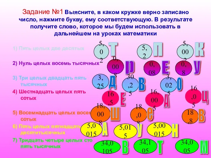 Задание №1 Выясните, в каком кружке верно записано число, нажмите букву,