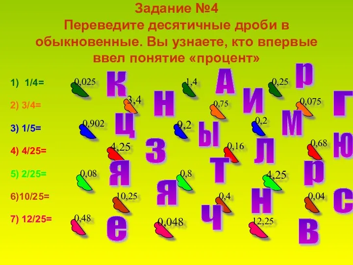 Задание №4 Переведите десятичные дроби в обыкновенные. Вы узнаете, кто впервые