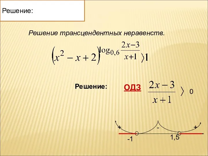 Решение трансцендентных неравенств. Решение: ОДЗ 0 1,5 -1 - + + Решение: