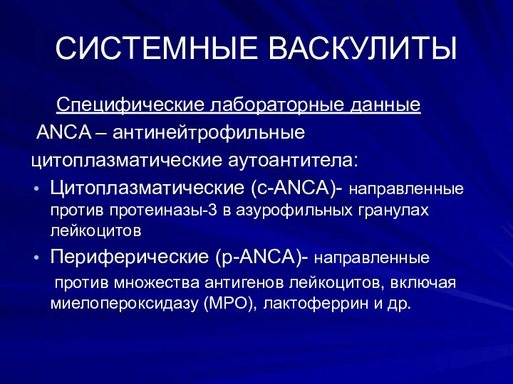 СИСТЕМНЫЕ ВАСКУЛИТЫ Специфические лабораторные данные АNCA – антинейтрофильные цитоплазматические аутоантитела: Цитоплазматические