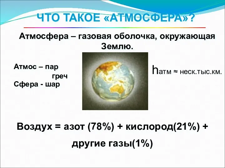 Атмосфера – газовая оболочка, окружающая Землю. ЧТО ТАКОЕ «АТМОСФЕРА»? Атмос –