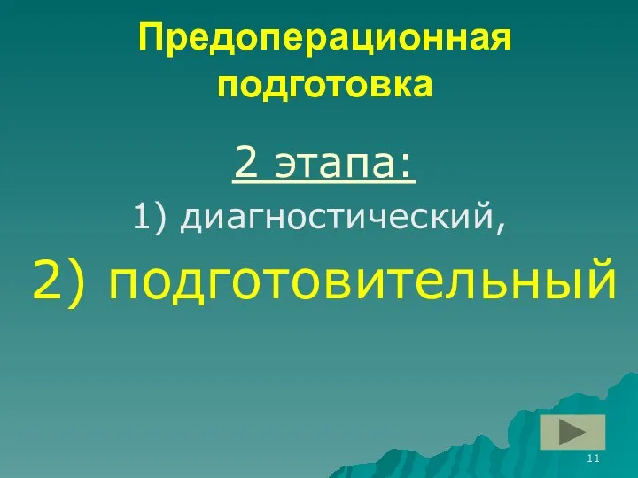 Предоперационная подготовка 2 этапа: 1) диагностический, 2) подготовительный