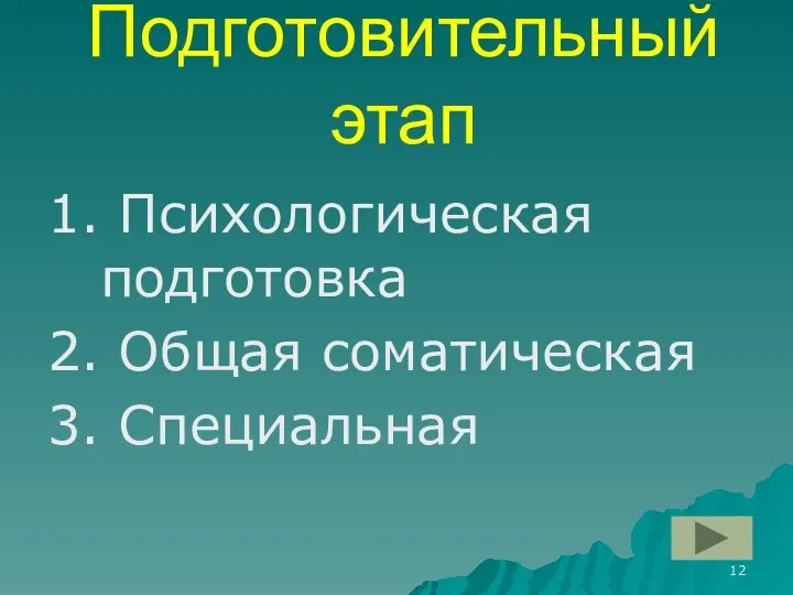 Подготовительный этап 1. Психологическая подготовка 2. Общая соматическая 3. Специальная