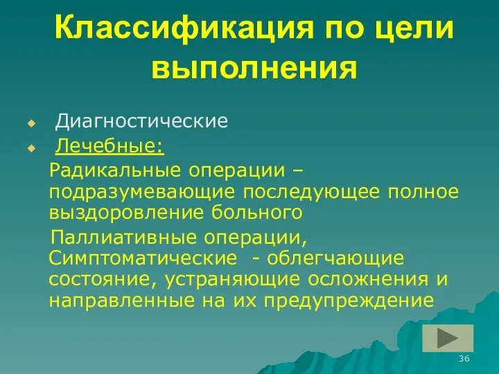 Классификация по цели выполнения Диагностические Лечебные: Радикальные операции – подразумевающие последующее