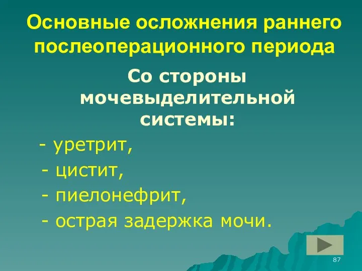 Основные осложнения раннего послеоперационного периода Со стороны мочевыделительной системы: - уретрит,