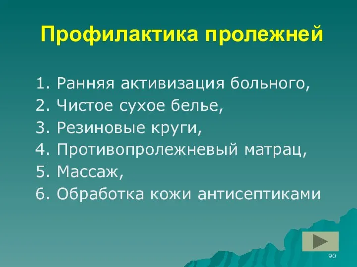 Профилактика пролежней 1. Ранняя активизация больного, 2. Чистое сухое белье, 3.