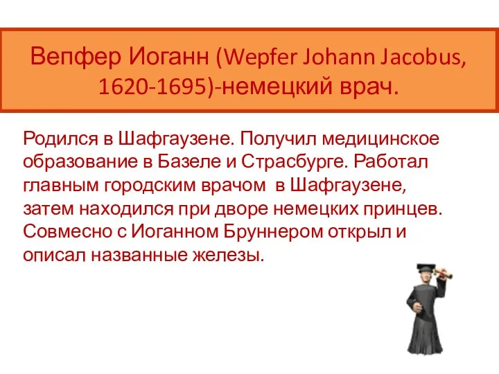 Вепфер Иоганн (Wepfer Johann Jacobus, 1620-1695)-немецкий врач. Родился в Шафгаузене. Получил