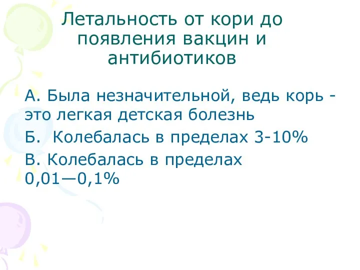 Летальность от кори до появления вакцин и антибиотиков А. Была незначительной,