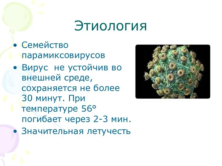 Этиология Семейство парамиксовирусов Вирус не устойчив во внешней среде, сохраняется не