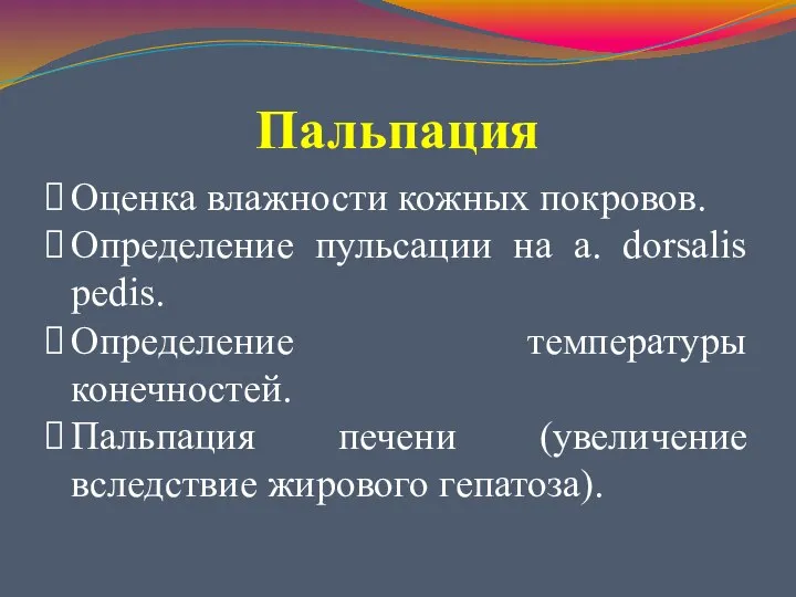 Пальпация Оценка влажности кожных покровов. Определение пульсации на a. dorsalis pedis.