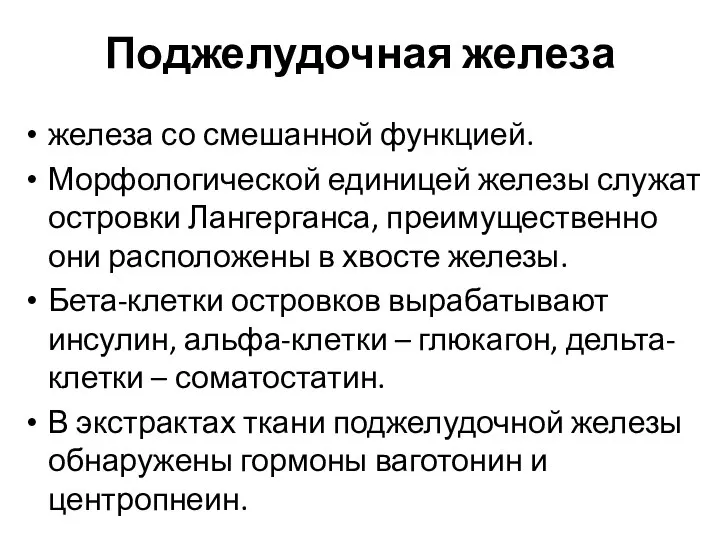 Поджелудочная железа железа со смешанной функцией. Морфологической единицей железы служат островки