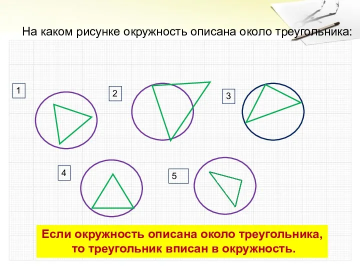 На каком рисунке окружность описана около треугольника: 1 2 3 4