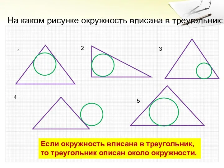 На каком рисунке окружность вписана в треугольник: 1 3 4 Если