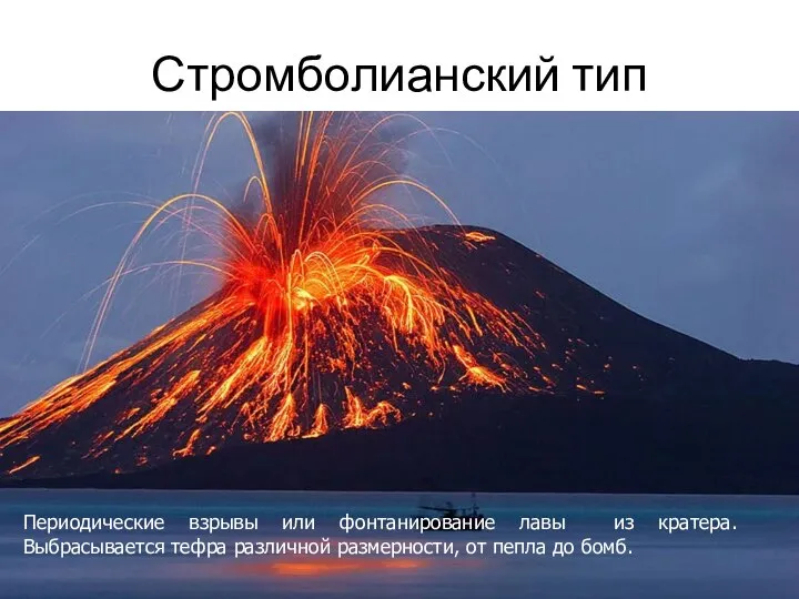 Стромболианский тип Периодические взрывы или фонтанирование лавы из кратера. Выбрасывается тефра