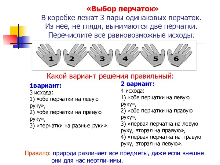 «Выбор перчаток» В коробке лежат 3 пары одинаковых перчаток. Из нее,