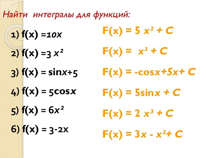 Найти интегралы для функций: F(x) = 5 х² + C F(x)