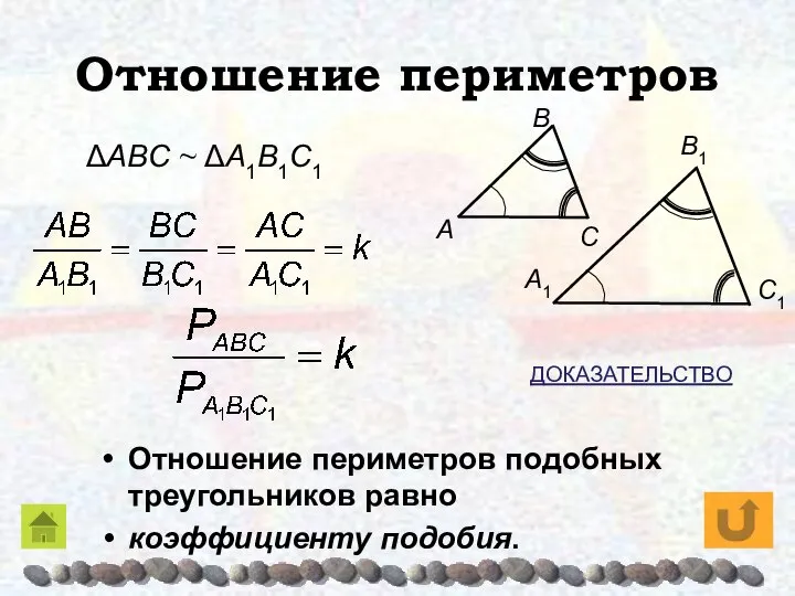 Отношение периметров Отношение периметров подобных треугольников равно коэффициенту подобия. ΔAΒC ~ ΔA1Β1C1 ДОКАЗАТЕЛЬСТВО