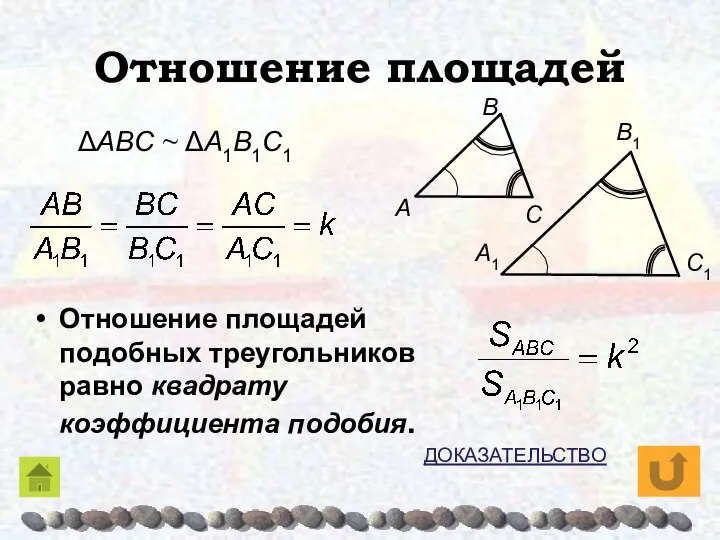 Отношение площадей Отношение площадей подобных треугольников равно квадрату коэффициента подобия. ΔAΒC ~ ΔA1Β1C1 ДОКАЗАТЕЛЬСТВО