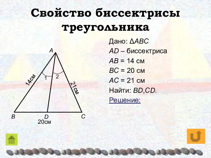 Свойство биссектрисы треугольника Дано: ΔABC AD – биссектриса AB = 14