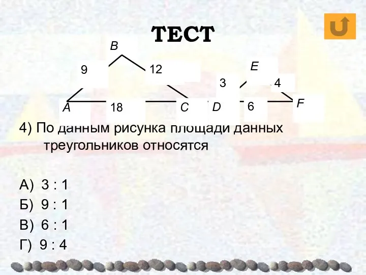 ТЕСТ 4) По данным рисунка площади данных треугольников относятся А) 3