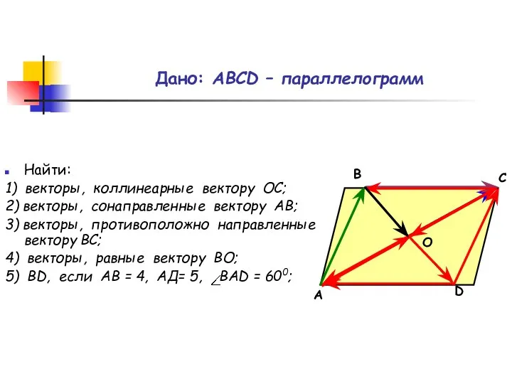 Дано: АВСD – параллелограмм Найти: 1) векторы, коллинеарные вектору ОС; 2)