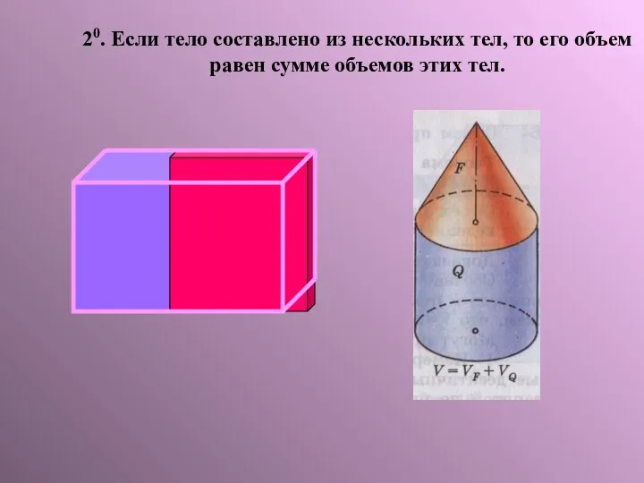 20. Если тело составлено из нескольких тел, то его объем равен сумме объемов этих тел.