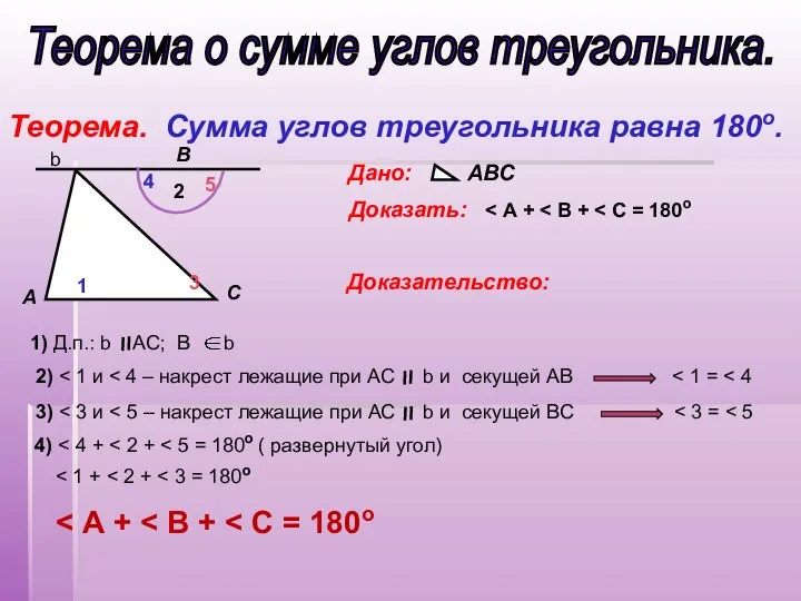 Теорема о сумме углов треугольника. Теорема. Сумма углов треугольника равна 180о.