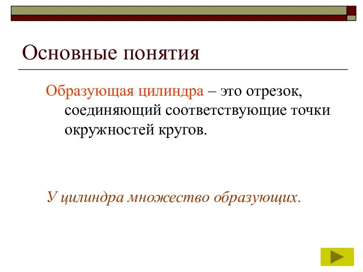 Основные понятия Образующая цилиндра – это отрезок, соединяющий соответствующие точки окружностей кругов. У цилиндра множество образующих.