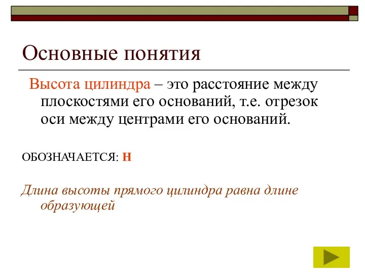 Основные понятия Высота цилиндра – это расстояние между плоскостями его оснований,