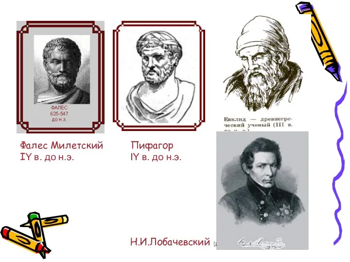 Пожванова Г.А. 187 Пифагор IY в. до н.э. Фалес Милетский IY в. до н.э. Н.И.Лобачевский