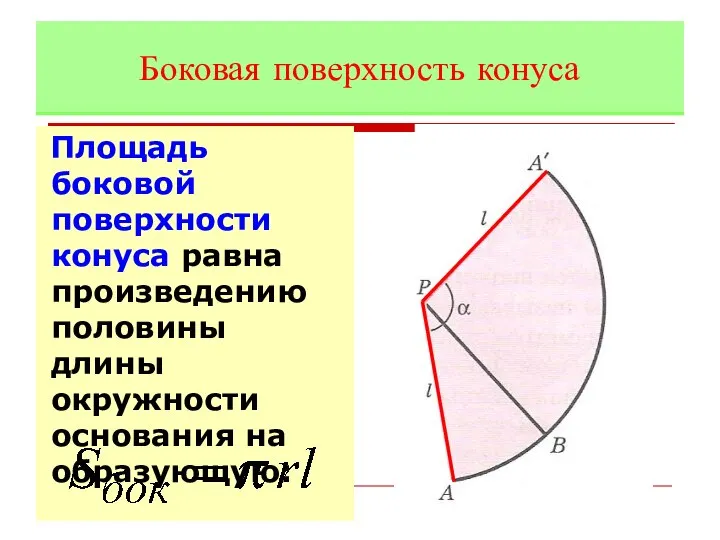Площадь боковой поверхности конуса равна произведению половины длины окружности основания на образующую: Боковая поверхность конуса