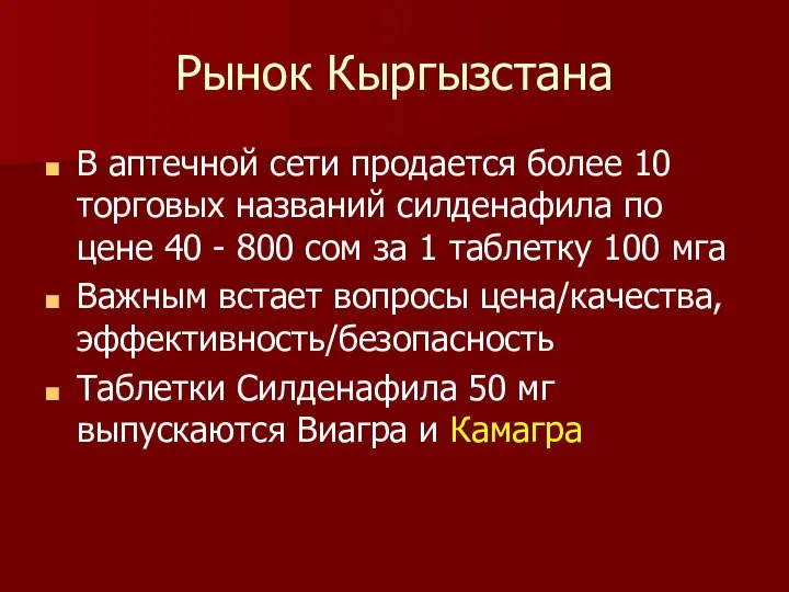 Рынок Кыргызстана В аптечной сети продается более 10 торговых названий силденафила