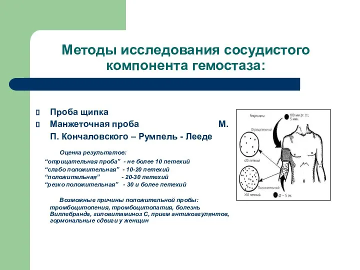 Методы исследования сосудистого компонента гемостаза: Проба щипка Манжеточная проба М.П. Кончаловского