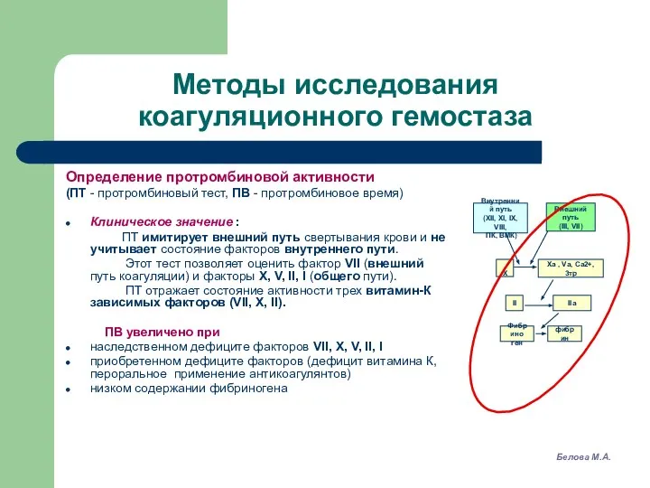 Методы исследования коагуляционного гемостаза Определение протромбиновой активности (ПТ - протромбиновый тест,