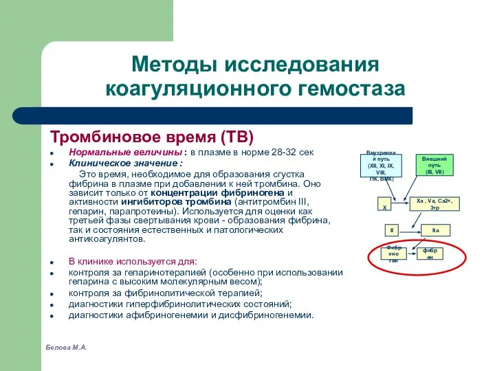 Методы исследования коагуляционного гемостаза Тромбиновое время (ТВ) Нормальные величины : в