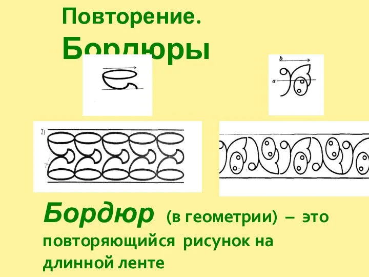 Повторение. Бордюры Бордюр (в геометрии) – это повторяющийся рисунок на длинной ленте