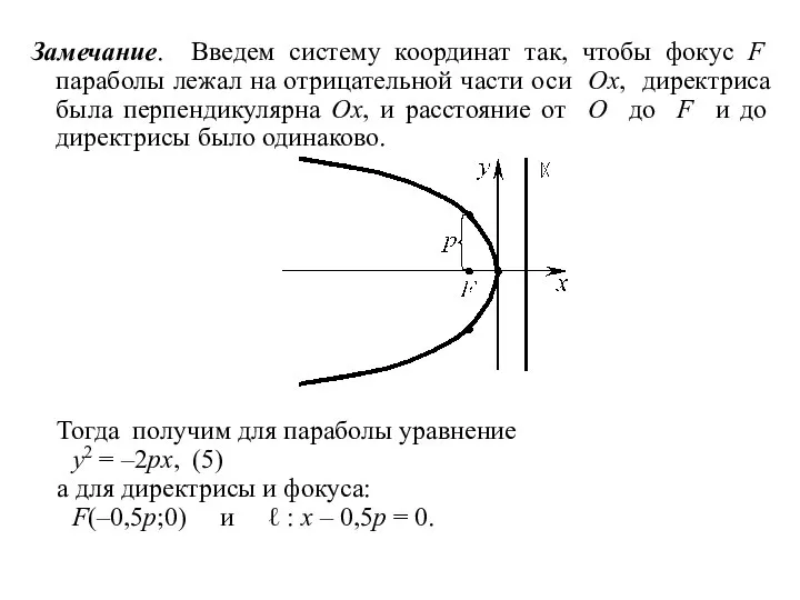 Замечание. Введем систему координат так, чтобы фокус F параболы лежал на