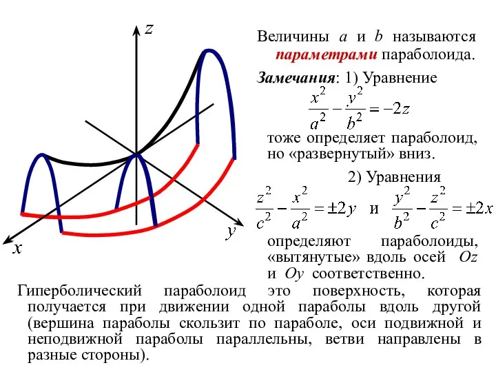 Величины a и b называются параметрами параболоида. Замечания: 1) Уравнение тоже