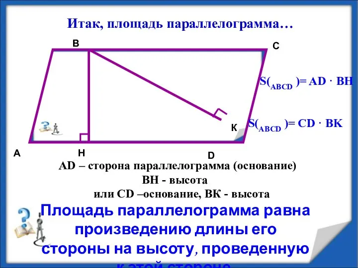 Итак, площадь параллелограмма… A B C D H AD – сторона