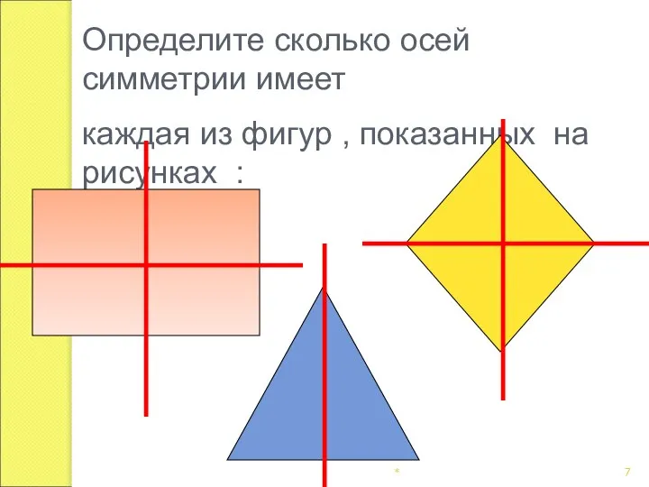* Определите сколько осей симметрии имеет каждая из фигур , показанных на рисунках :