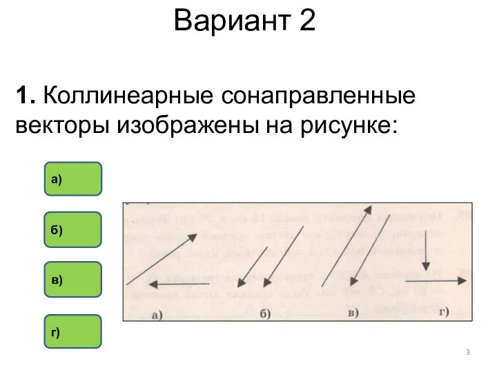 Вариант 2 1. Коллинеарные сонаправленные векторы изображены на рисунке: б) в) а) г)
