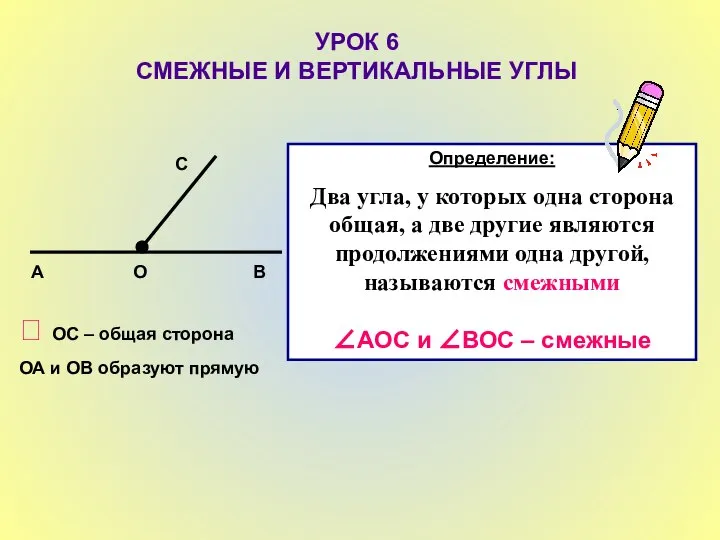 УРОК 6 СМЕЖНЫЕ И ВЕРТИКАЛЬНЫЕ УГЛЫ А В О С Определение: