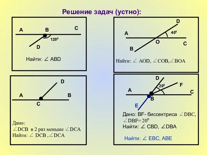 Решение задач (устно): 1200 Найти: ∠ АВD A B D C